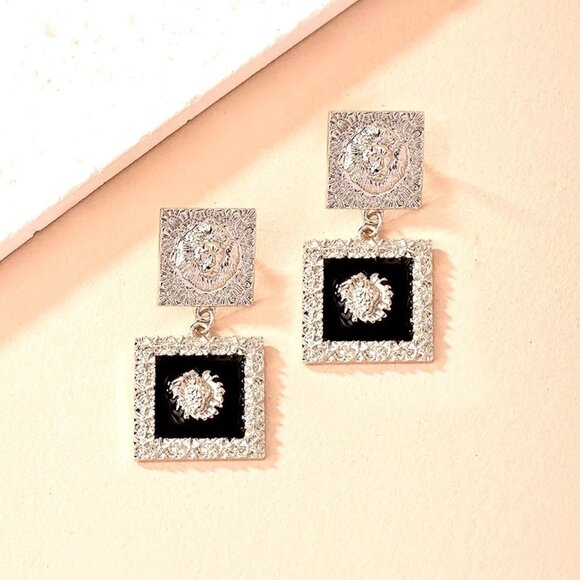 3/$35 Retro Roman Style Silver Black Quadrilateral Lion Patchwork Earrings - Picture 7 of 8